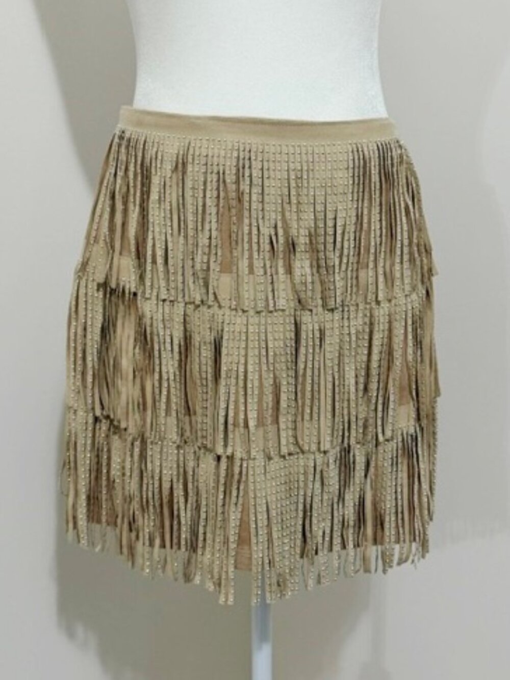 Forever 21 Taupe Faux Suede Silver Studded Fringe Mini Skirt Size M NWT